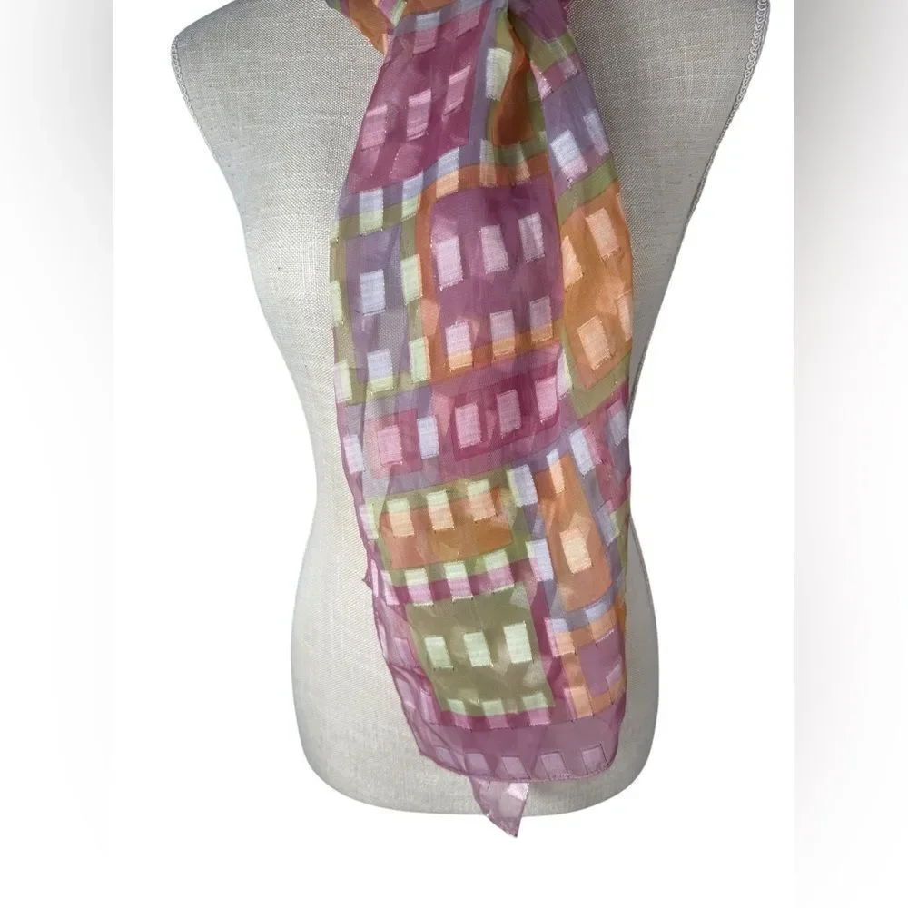 Boutique Women’s Pink Multi Color Shimmer Geometric Print Sheer Silk Blend Scarf
